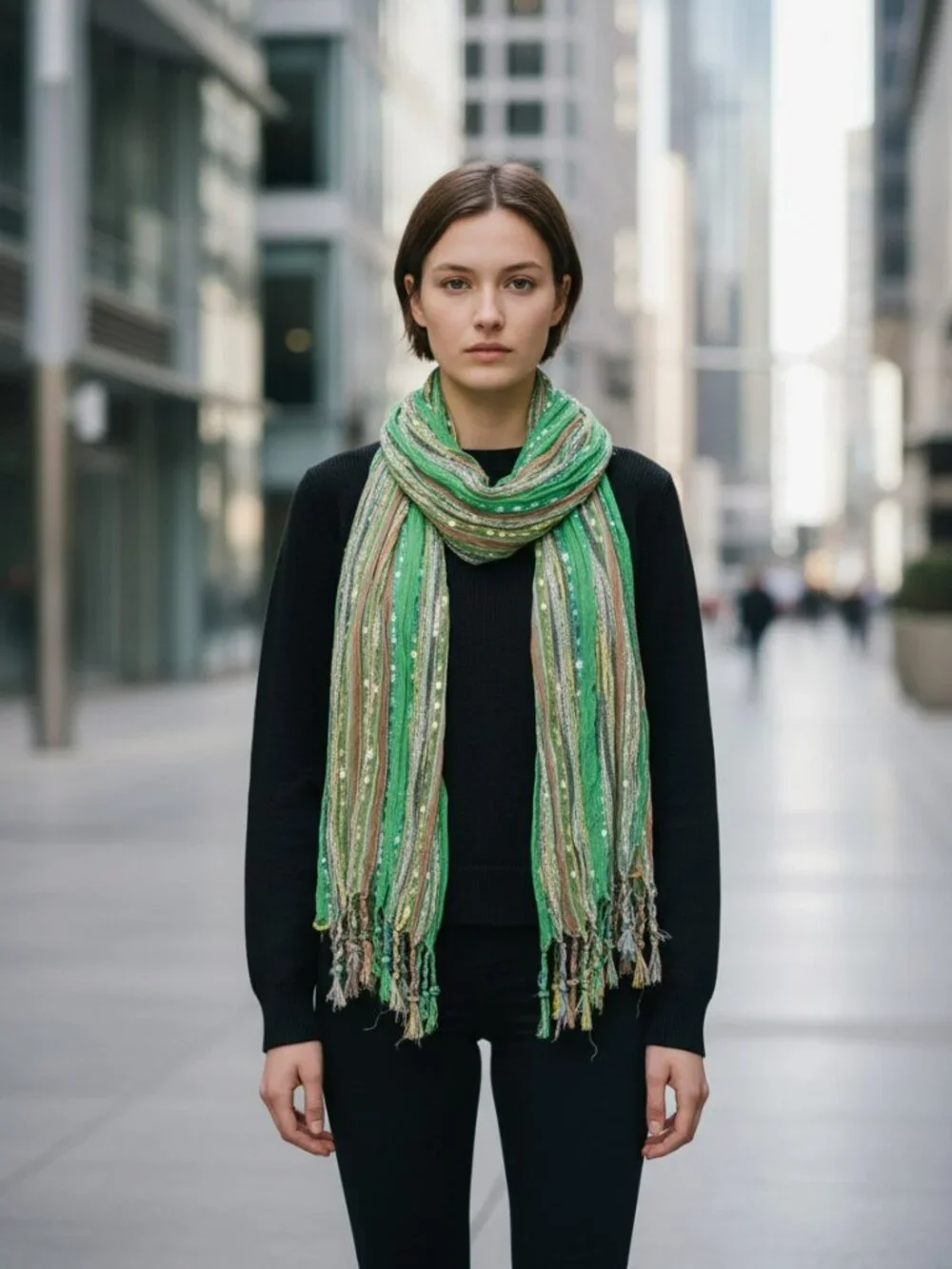 Green with Silver Threads Multicolored Background‎ Cotton Open Weave Scarf…